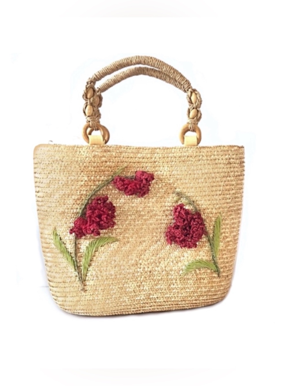 Straw Bag Flower 3D embroidery Zipper closure